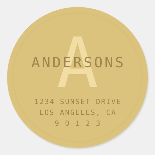 Stylized Modern Minimal Gold Return Address  Classic Round Sticker (Front)