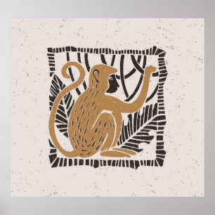 Stylized Monkey Linocut Illustration Poster