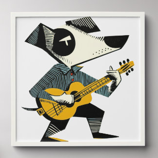 Stylized Musician Dog with Guitar. Peel And Stick Photo Tile