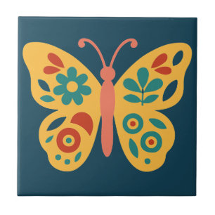 Stylized nature-inspired butterfly with floral ceramic tile