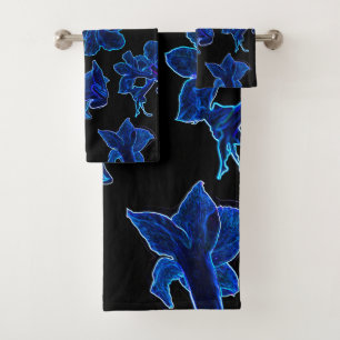 Stylized Neon Blue Flowers Floral Bath Towel Set