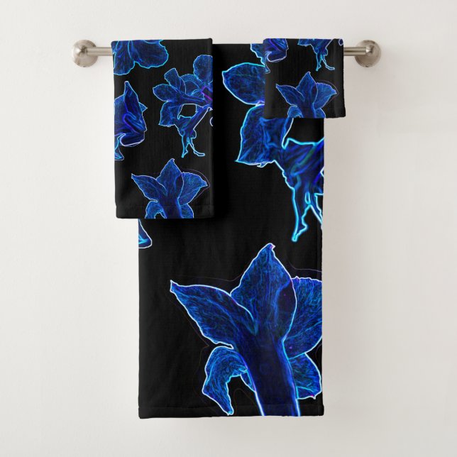 Stylized Neon Blue Flowers Floral Bath Towel Set (Insitu)