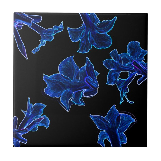 Stylized Neon Blue Flowers Floral Ceramic Tile (Front)
