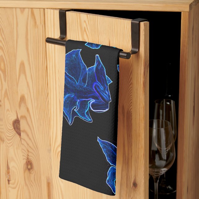 Stylized Neon Blue Flowers Floral Kitchen Towel (Thirds Fold)