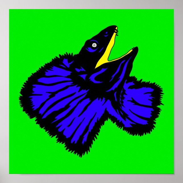 Stylized Neon Blue Frilled-neck Lizard Poster (Front)