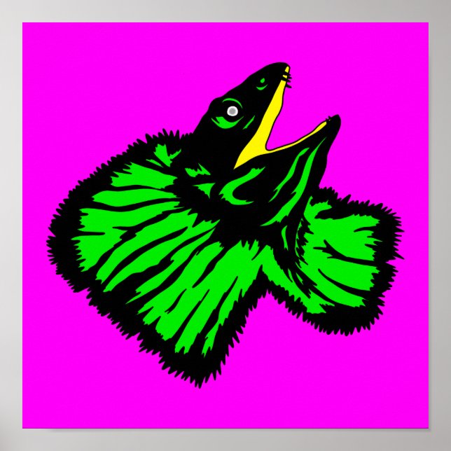 Stylized Neon Green Frilled-neck Lizard Poster (Front)