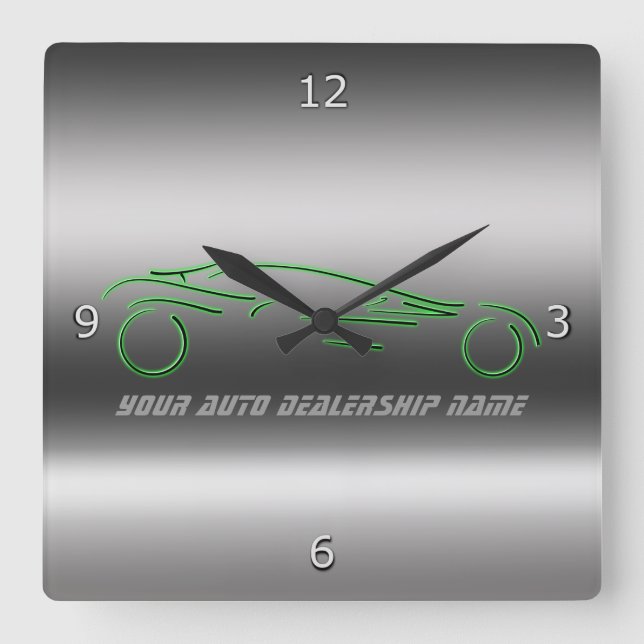 Stylized Neon Green Sportscars on metallic-look Square Wall Clock (Front)