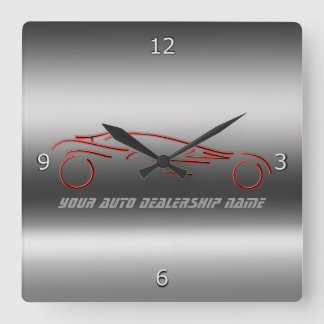 Stylized Neon Red Sportscars on metallic-look Square Wall Clock