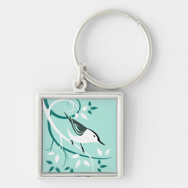 Stylized Nuthatch In Tree Keychain (Front)