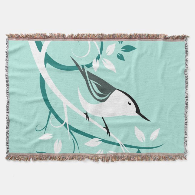 Stylized Nuthatch In Tree Throw Blanket (Front)