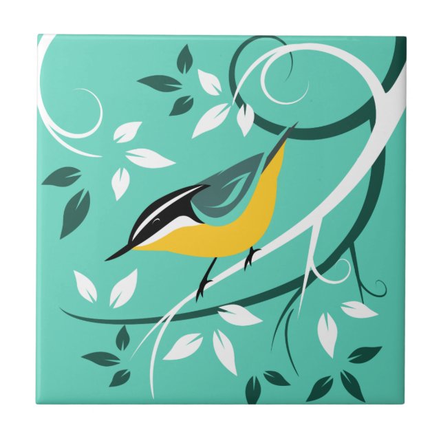Stylized Nuthatch On Tree Branch Ceramic Tile (Front)