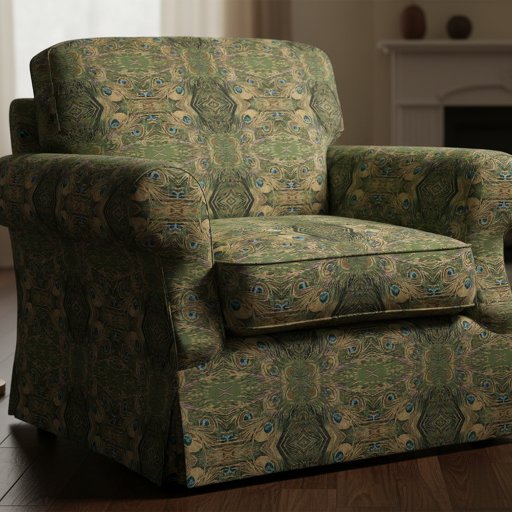 Stylized Olive Green Gold & Teal Peacock Feather Fabric