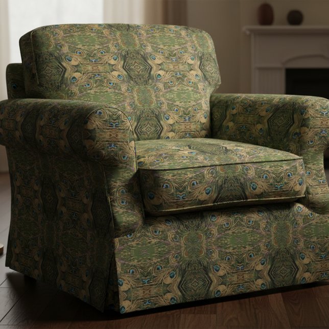 Stylized Olive Green Gold & Teal Peacock Feather Fabric (Creator Uploaded)