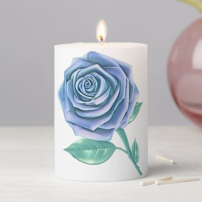 Stylized Oversized Rose - Icy Blue Pillar Candle (In Situ)
