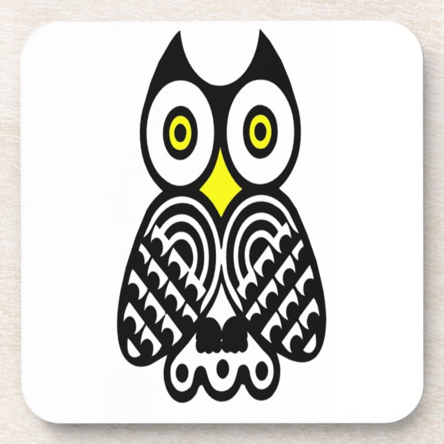 Stylized Owl in Black Beverage Coaster (Front)