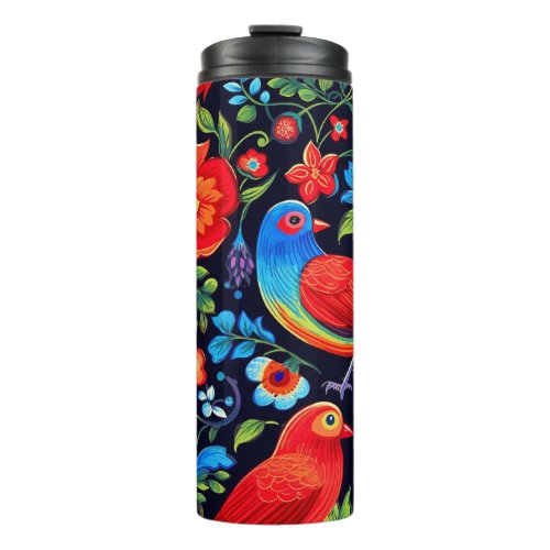 Stylized painted bunting bird on a floral backgro thermal tumbler