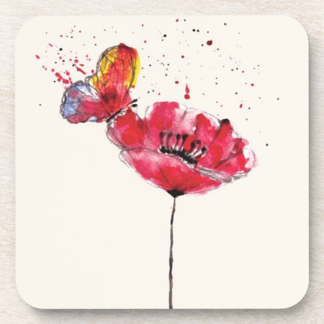 Stylized painted watercolor poppy flower beverage coaster (Front)