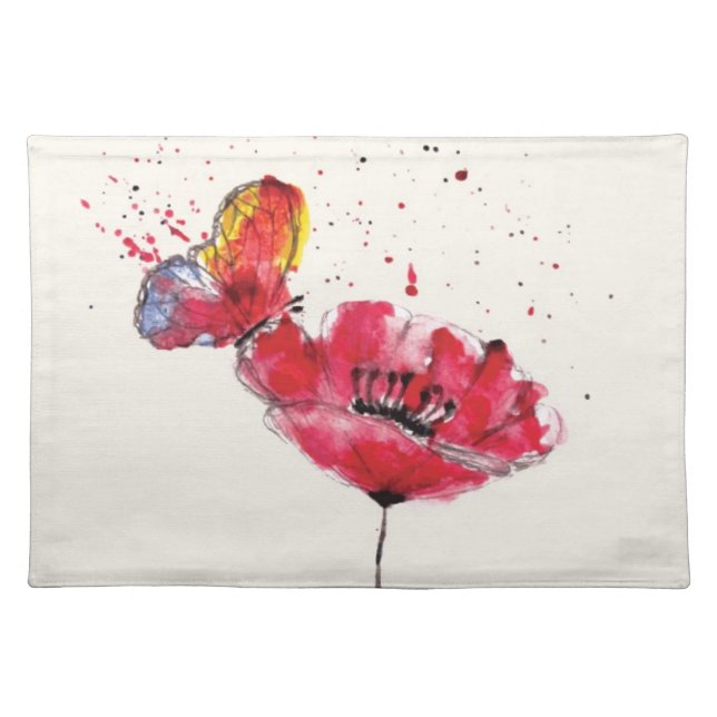 Stylized painted watercolor poppy flower cloth placemat (Front)
