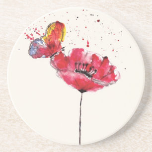 Stylized painted watercolor poppy flower coaster