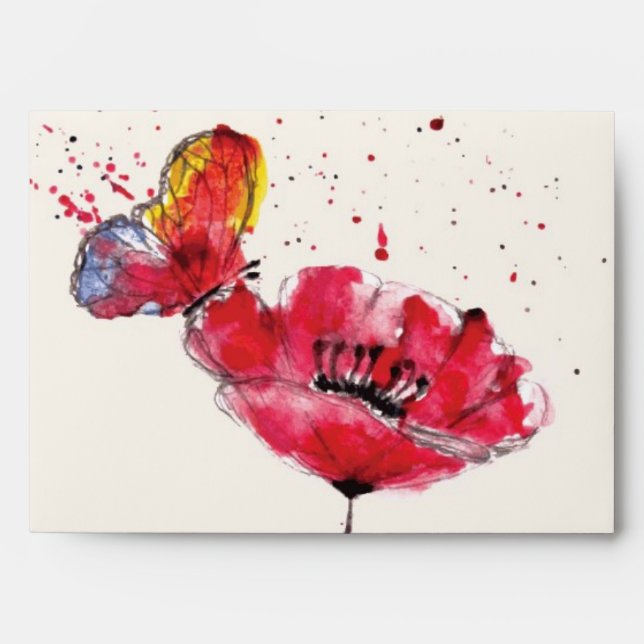 Stylized painted watercolor poppy flower envelope (Front)