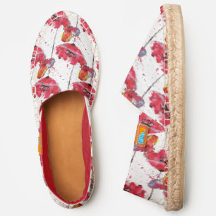 Stylized painted watercolor poppy flower espadrilles