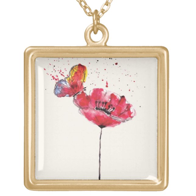 Stylized painted watercolor poppy flower gold plated necklace (Front)