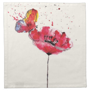 Stylized painted watercolor poppy flower napkin