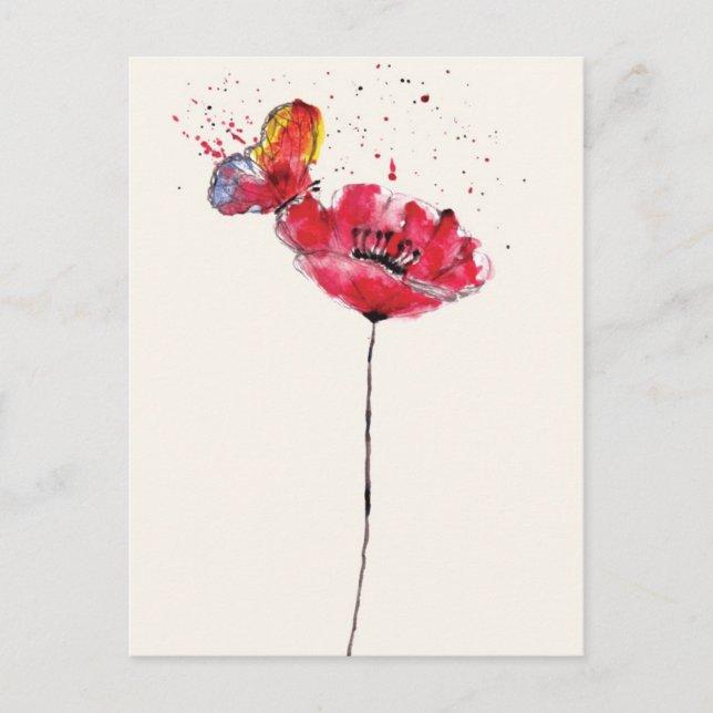 Stylized painted watercolor poppy flower postcard (Front)