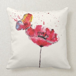 Stylized painted watercolor poppy flower throw pillow