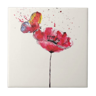 Stylized painted watercolor poppy flower tile