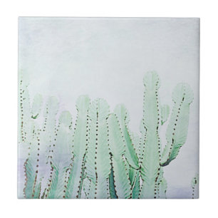 Stylized Pale Green Cactus Plants Pattern Ceramic Tile
