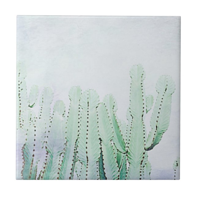 Stylized Pale Green Cactus Plants Pattern Ceramic Tile (Front)