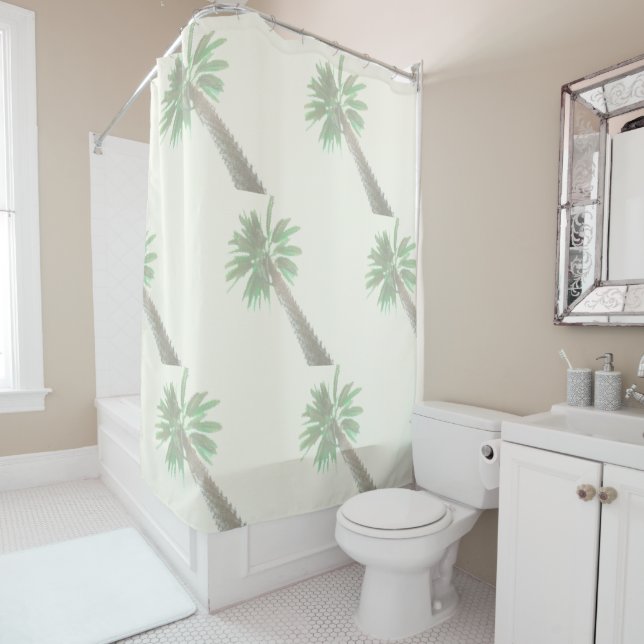 Stylized Palm Tree Pastel Green Tropical Shower Curtain (In Situ)
