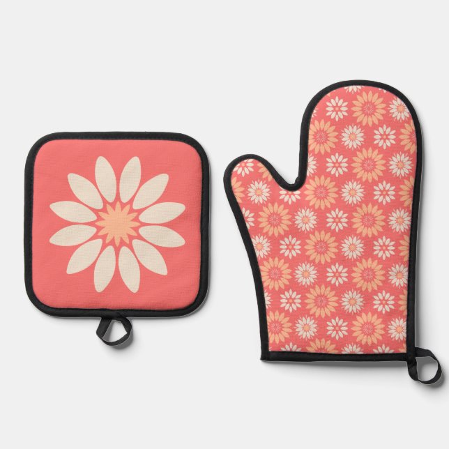 Stylized Peaches & Cream Floral Oven Mitt & Pot Holder Set (Front)