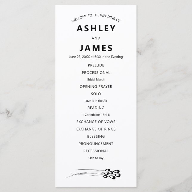 Stylized Peacock Feather Modern Wedding Program (Front)