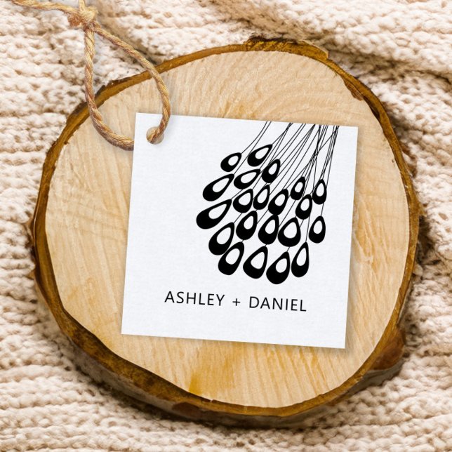 Stylized Peacock Feather Modern Wedding Square Favor Tags (Creator Uploaded)