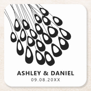 Stylized Peacock Feather Modern Wedding Square Paper Coaster
