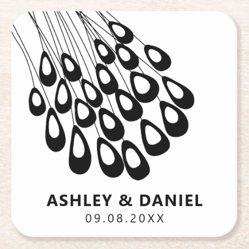 Stylized Peacock Feather Modern Wedding Square Paper Coaster