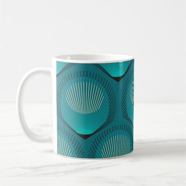 Stylized Peacock Feathers Blue Tile Coffee Mug (Left)