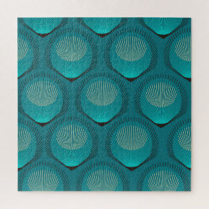 Stylized Peacock Feathers Blue Tile Jigsaw Puzzle