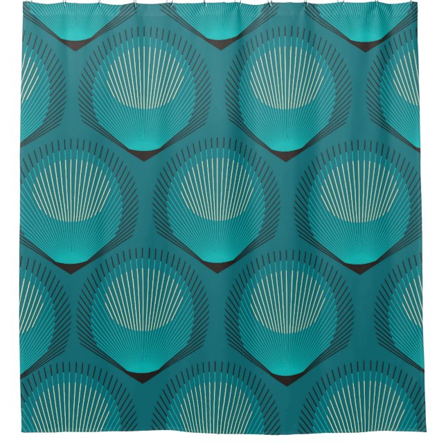 Stylized Peacock Feathers Blue Tile Shower Curtain (Front)