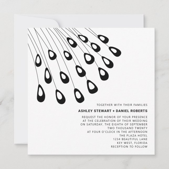 Stylized Peacock Feathers Modern Wedding Invitation (Front)
