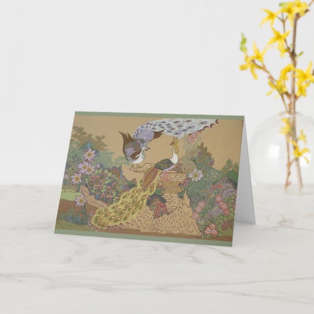 Stylized Peacocks in Flower Garden Card (Yellow Flower)
