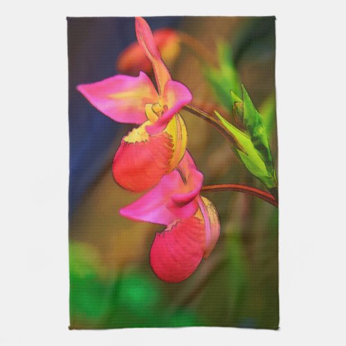 Stylized Phragmipedium Orchid Flower Duo Kitchen Towel