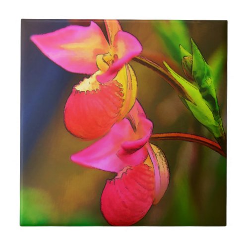 Stylized Phragmipedium Orchid Flower Duo Tile