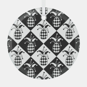 Stylized Pineapple Harlequin Doodle Pattern Glass Ornament