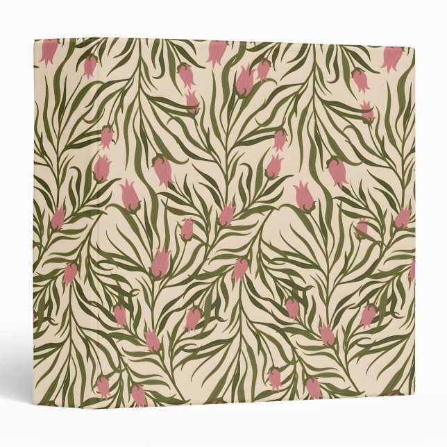 Stylized pink bell-shaped floral pattern 3 ring binder (Front/Spine)