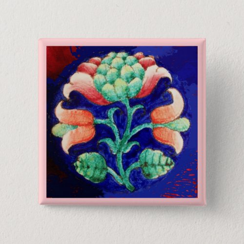 STYLIZED PINK FLOWER BLUE GREEN FLORAL BUTTON