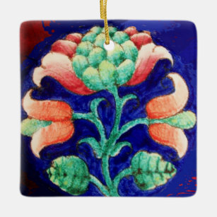 STYLIZED PINK FLOWER ,Blue Green Floral Ceramic Ornament