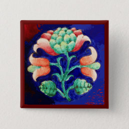 STYLIZED PINK FLOWER ,BLUE GREEN FLORAL PINBACK BUTTON